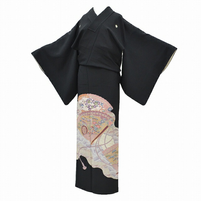 黒留袖 リサイクル着物 正絹 仕立て上がり 五つ紋 比翼付き 裄65.5cm M 身丈164.5cm L ちょっとふくよかL 黒色系 扇文様 特品