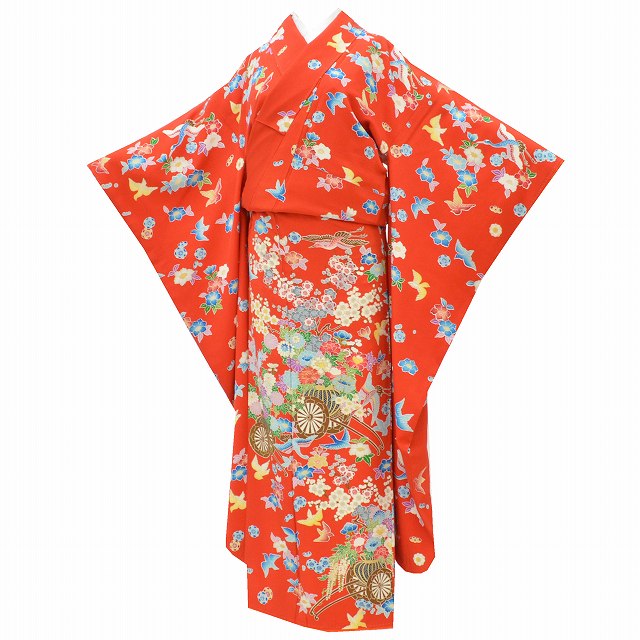 リサイクル着物 振袖 正絹 単品 成人式 金駒刺繍 結婚式 裄63.5cm M 身丈158cm M 赤色系 鳥 御所車文様 特品