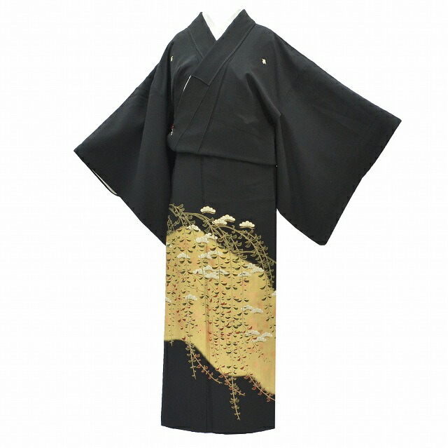 黒留袖 正絹 仕立て上がり 五つ紋 比翼付き リサイクル着物 結婚式 金駒刺繍 身丈151.2cm S 裄63.5cm 黒色系 松文様 特品