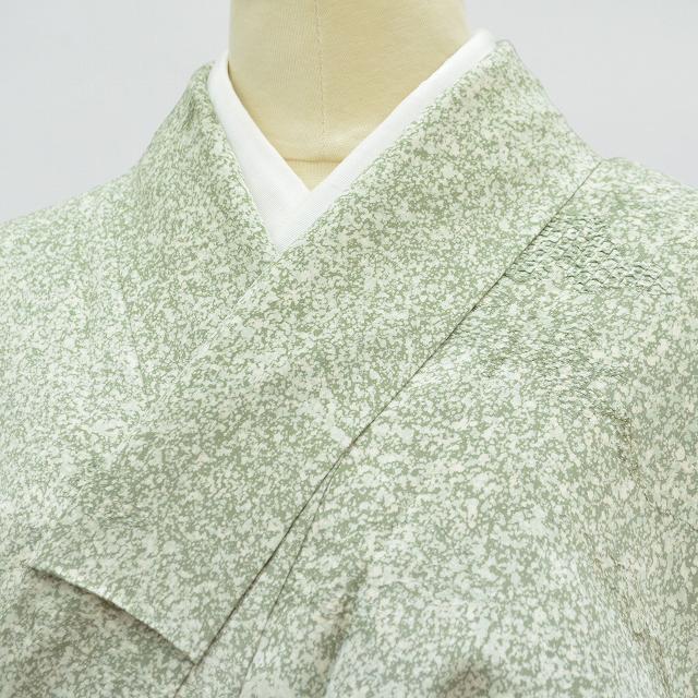 小紋 正絹 仕立て上がり 未使用品 リサイクル着物 美品 刺繍 身丈155.5cm S 裄62.7cm 緑色系 たたき染め文様 良品