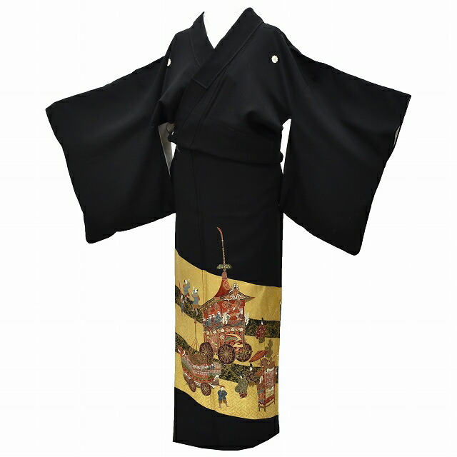リサイクル着物 黒留袖 五つ紋 金彩 波に松文 銀糸 比翼仕立て 正絹 身丈158cm 裄丈64cm 25z07-3868 20%OFF】GW駆け込みSALE！黒留袖 リサイクル着物 正絹 五つ紋 比翼付き