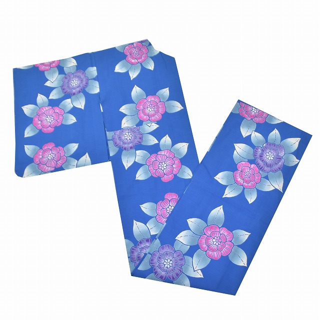 浴衣 単品 レディース 夏物 リサイクル着物 綿 注染染め 未使用品 夏祭り 花火大会 身丈 167cm 裄 67cm LL 青系 椿文様 特品