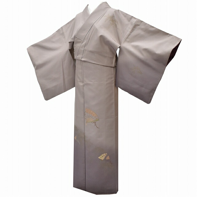 白山紬 リサイクル着物 正絹 仕立て上がり つむぎ 付下げ柄 刺繍 身丈 163.5cm 裄 66cm L ちょっとふくよかL 紫系 扇文様 特品