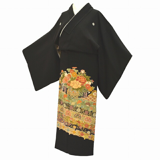 黒留袖 リサイクル着物 正絹 五つ紋 比翼付き 仕立て上がり 結婚式 矢車五倍子染 建部千二百年黒 金駒刺繍 裄66.5cm 身丈161cm L ちょっとふくよかL 黒色系 花籠文様 特品