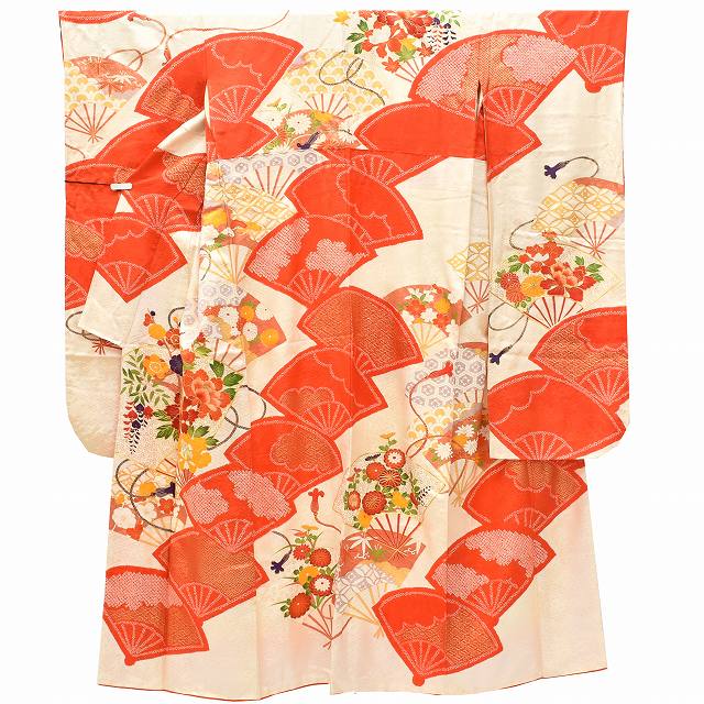 振袖 長襦袢 2点セット ヴィンテージ振袖 リサイクル着物 正絹 金駒刺繍 レトロ 成人式 結婚式 ビンテージ振袖 裄66cm 身丈161cm L ちょっとふくよかL 白色系 扇 花文様 特品 ss0520b 着物 通販