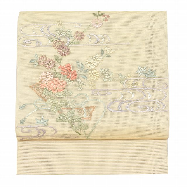 名古屋帯 夏物 夏帯 正絹 八寸 リサイクル帯 仕立て上がり 絽綴れ 刺繍 訪問着 付下げ 色無地 着物 ベージュ色系 ヱ霞 花文様 特品 ss0543b 着物 通販