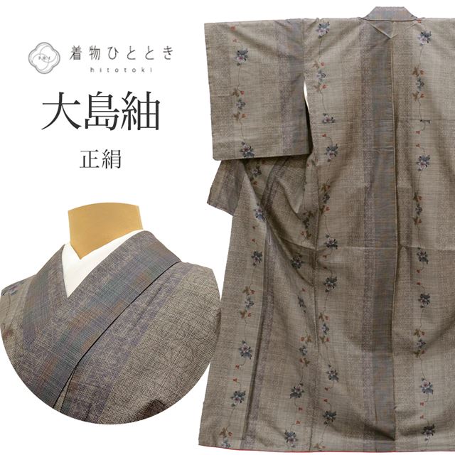 リサイクル着物 大島紬 正絹 仕立て上がり 裄66.3cm 身丈165cm L 茶色系 草花文様 9マルキ 紬 tt0171b 着物 通販