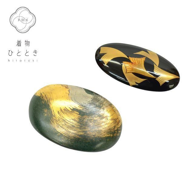 帯留 2点セット 三分紐用 1.5cm幅用 木製 陶器 緑 黒 金色系