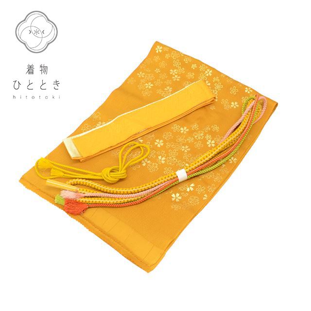帯締め 帯揚げ セット 正絹 美品 茶 緑色系 桜文様 振袖用 縮緬 飾り紐付き 重ね衿付き 丸組
