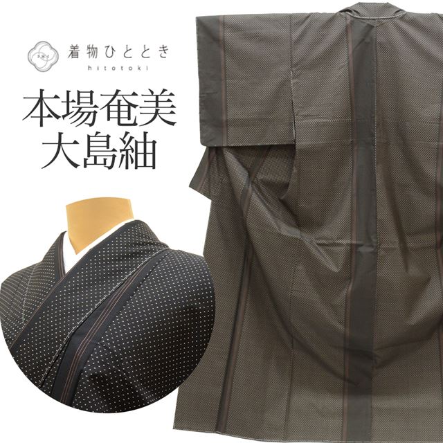 リサイクル着物 本場奄美大島紬 泥染め 正絹 美品 未使用品 仕立て上がり 裄63.8cm 身丈162cm L 茶色系 奄美絣文様 証紙有り 一元式 紬 tt0385b 着物 通販