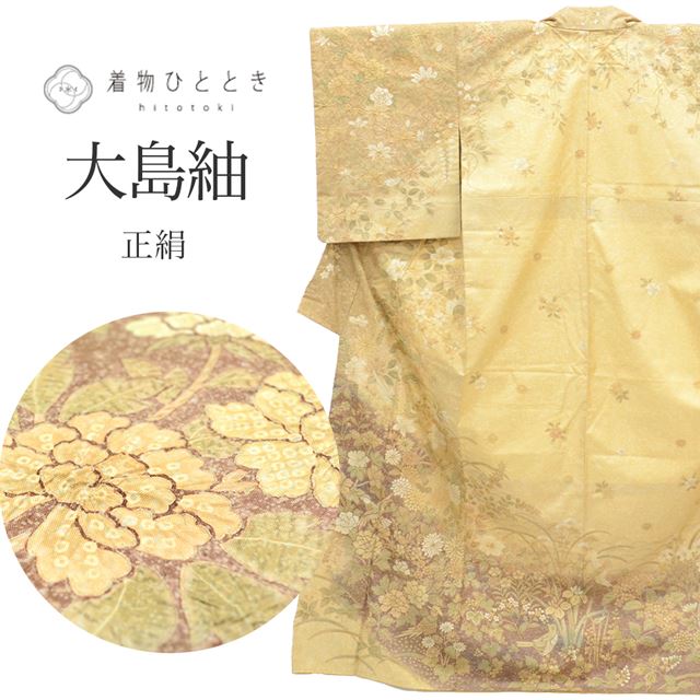 リサイクル着物 大島紬 染大島 正絹 仕立て上がり 裄64.5cm 身丈161.5cm L 茶色系 秋草花文様 絞り 紬 tt0881b 着物 通販