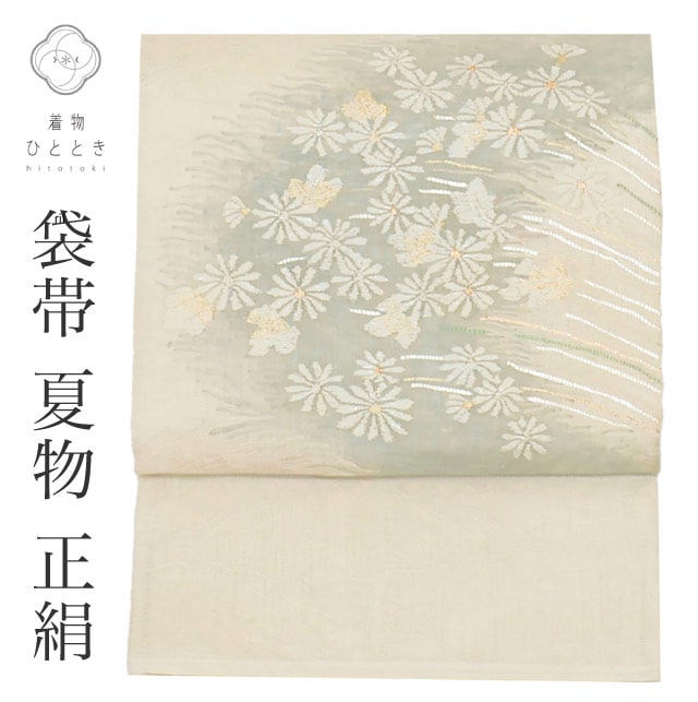 袋帯 夏物 夏帯 正絹 リサイクル袋帯 仕立て上がり 白色系 花文様 紗 お太鼓柄 金糸