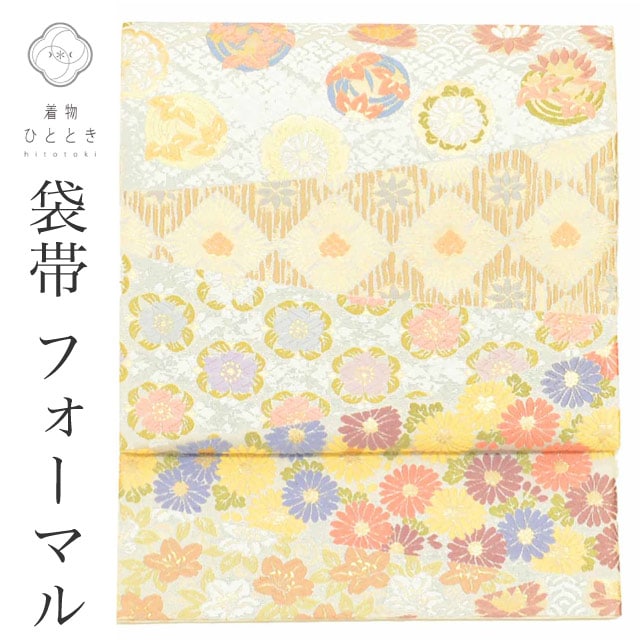 袋帯 正絹 リサイクル袋帯 仕立て上がり グレー色系 花文様 六通柄 唐織 刺繍 金糸 着物 中古