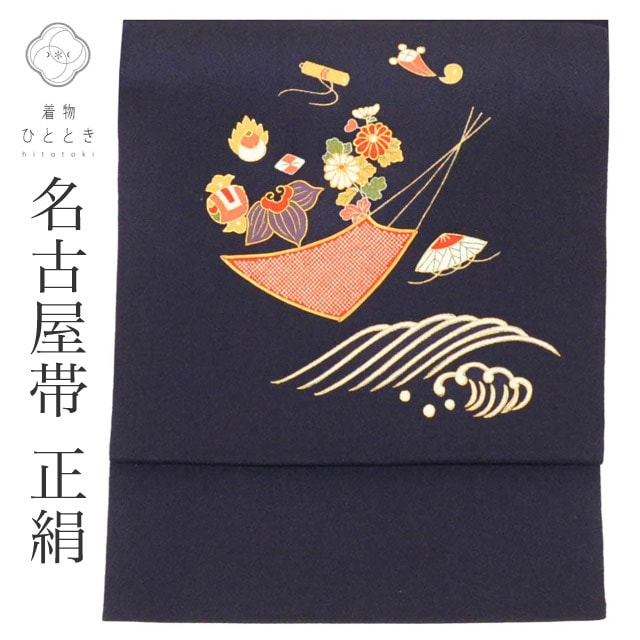 リサイクル 名古屋帯 帯 正絹 絹 美品 縮緬 九寸帯 金駒刺繍 越後屋謹製 紫 宝尽し 特品 セミフォーマル お太鼓柄 帯芯あり 着物 SILK シルク kimono リユース