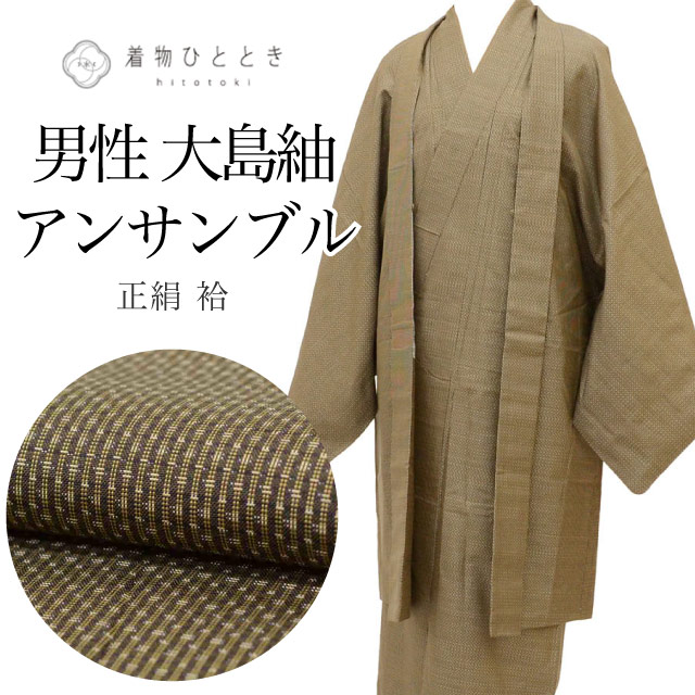 リサイクル着物 羽織 アンサンブル 男性 紬 大島紬 正絹 裄68cm 身丈149cm L 茶色系 縞文様 メンズ