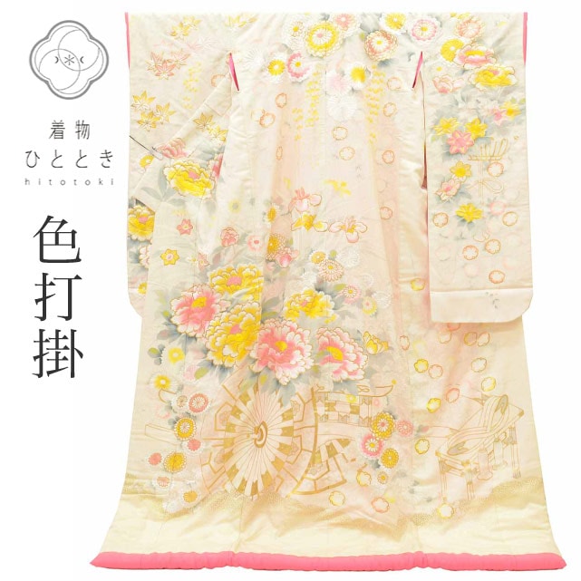 色打掛 リサイクル着物 花嫁衣裳 正絹 LLサイズ 大きめサイズ 高身長 トールサイズ 袷 特品 仕立て上がり 身丈201cm 裄丈66.5cm 刺繍 金糸 金彩 落款有り 友禅作家 秋山章 白 広衿 リユース