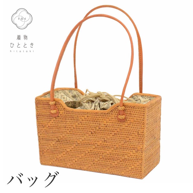 【6月2日新着10】【中古】 竹籠巾着 リサイクルバッグ 美品 竹 菱 花文様 茶色系 浴衣 手提げ型 レディース 着物 kkb4586