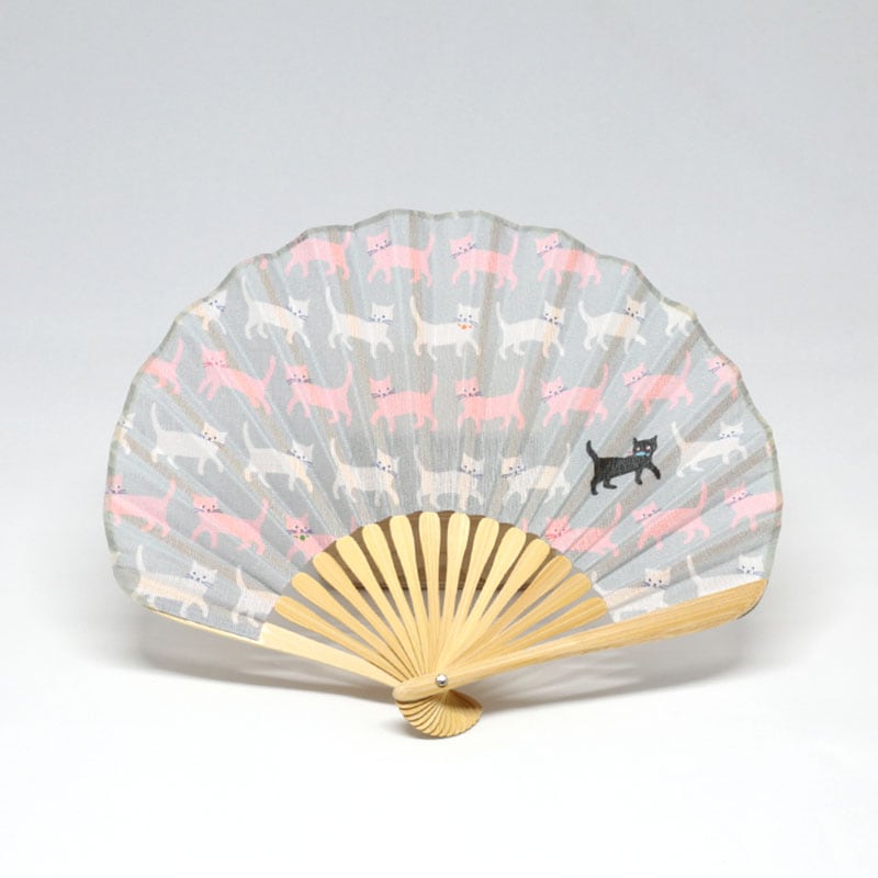 てんぱるこ　猫柄半幅帯+寄木細工菓子器セット 猫扇子セット 扇子と扇子入れのセット 紙箱入り 竹製 黒猫柄 茶