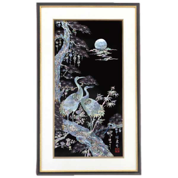 希少 吉祥螺鈿画 （旭日松鶴図） 希少 吉祥螺鈿画 （旭日松鶴図）