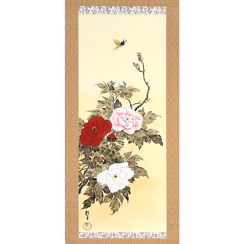 池田桂月筆 酒井抱一写 【4月 牡丹に蝶之図】 絹本掛軸一幅 軸先良品 454 酒井抱一 「十二か月花鳥図」 四月 「牡丹に蝶図」 複製掛軸