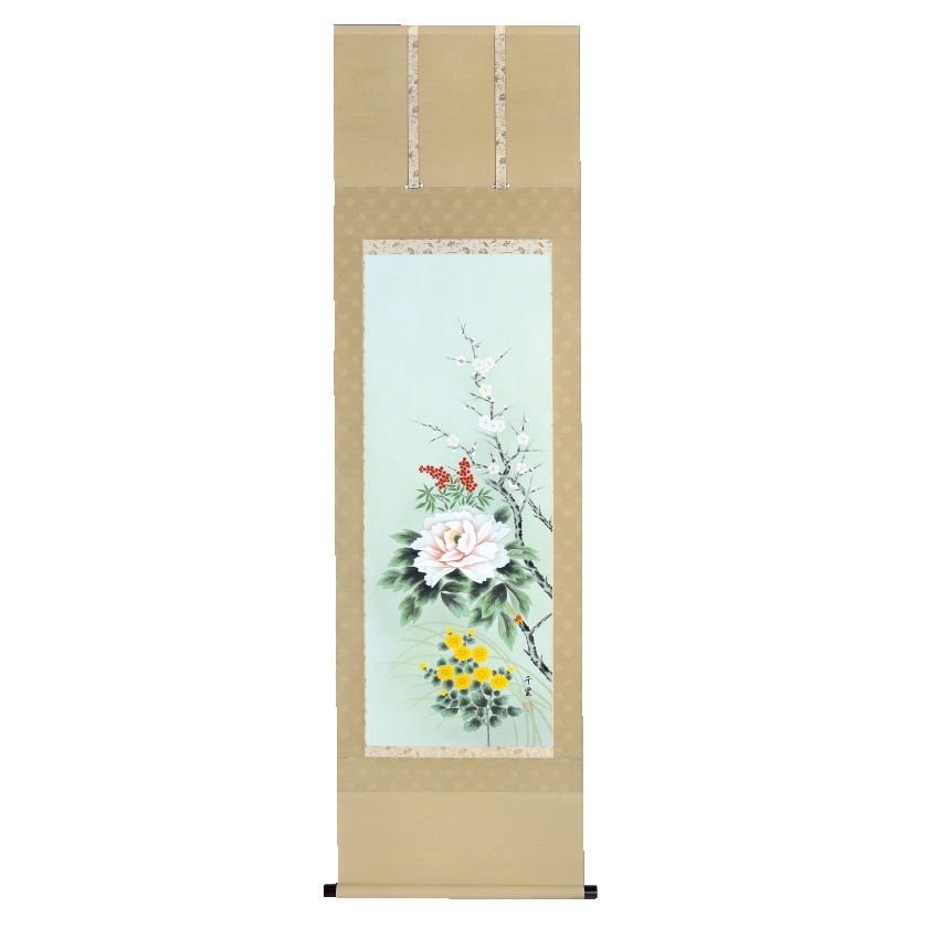 四季草花 飯島 千里 肉筆掛軸 美術品【ポイント5％還元中】 : アート
