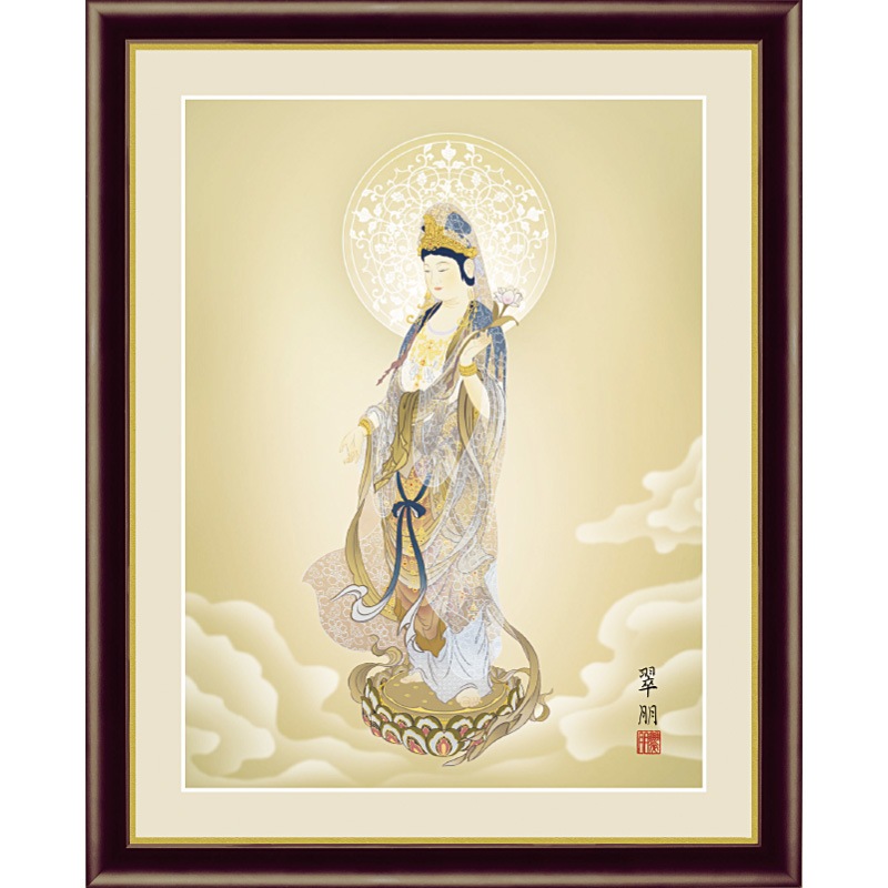 観音菩薩 額装 日本画 俊成 落款あり 仏画 アンティーク 額飾り 額絵 聖観音 鈴木翠朋 床の間 仏間 法事 法要 供養 仏事 初盆
