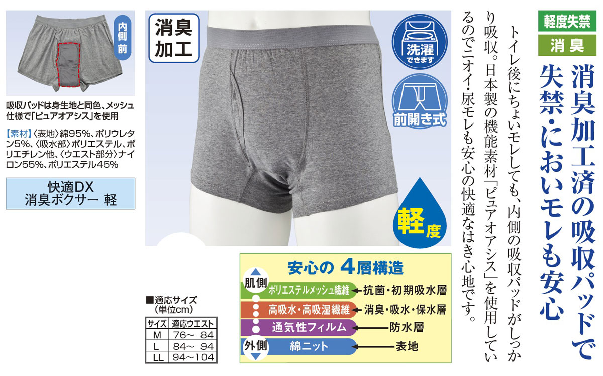 快適DX消臭ボクサー 軽 4枚組 : 東京山海堂 失禁パンツ 尿漏れパンツ