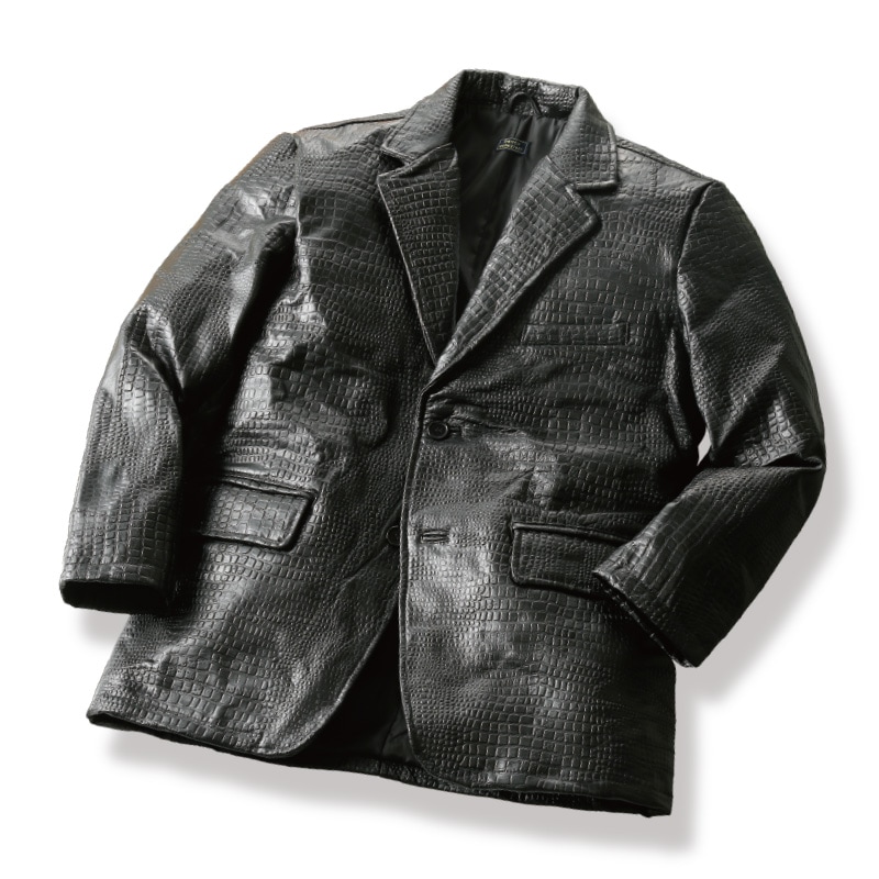 クロコ型押しラム革 パッチワーク テーラージャケット（黒