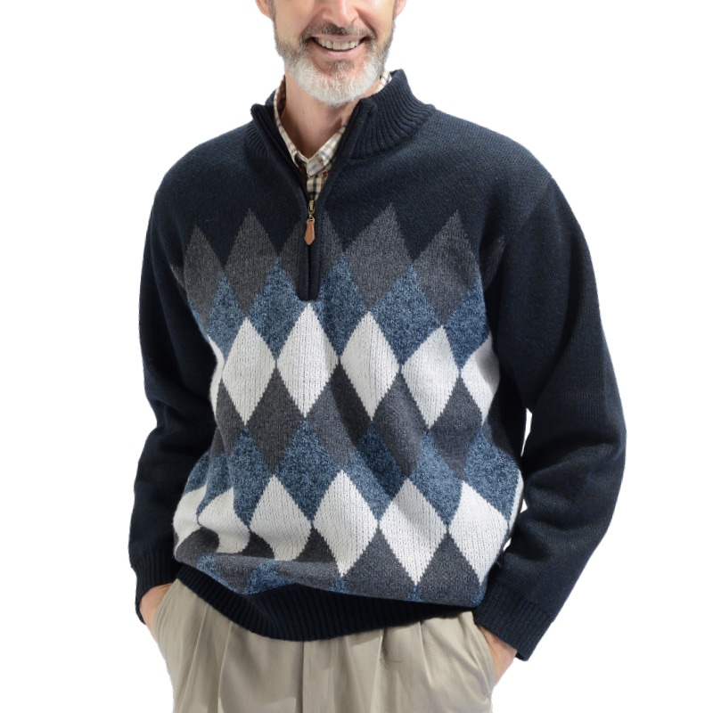 アーガイル柄 裏フリース ジップセーター 2色組 : ダンディ