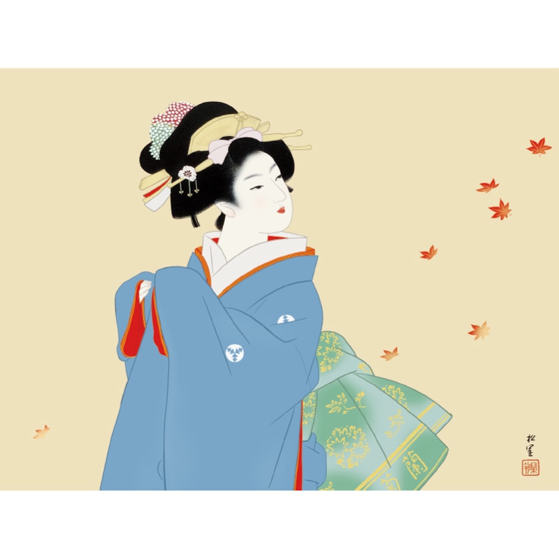 美品 掛け軸 上村松園作「深き秋」美人画 工芸印刷 紅葉 秋掛け