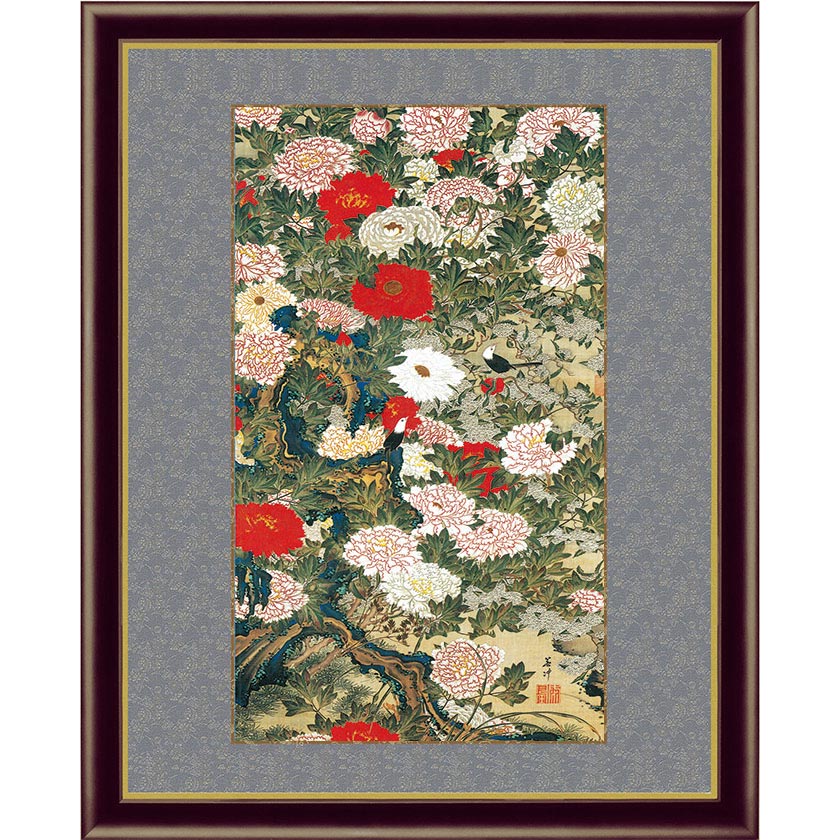 伊藤若冲 動植綵絵 牡丹小禽図 額 美術品 インテリア レプリカ