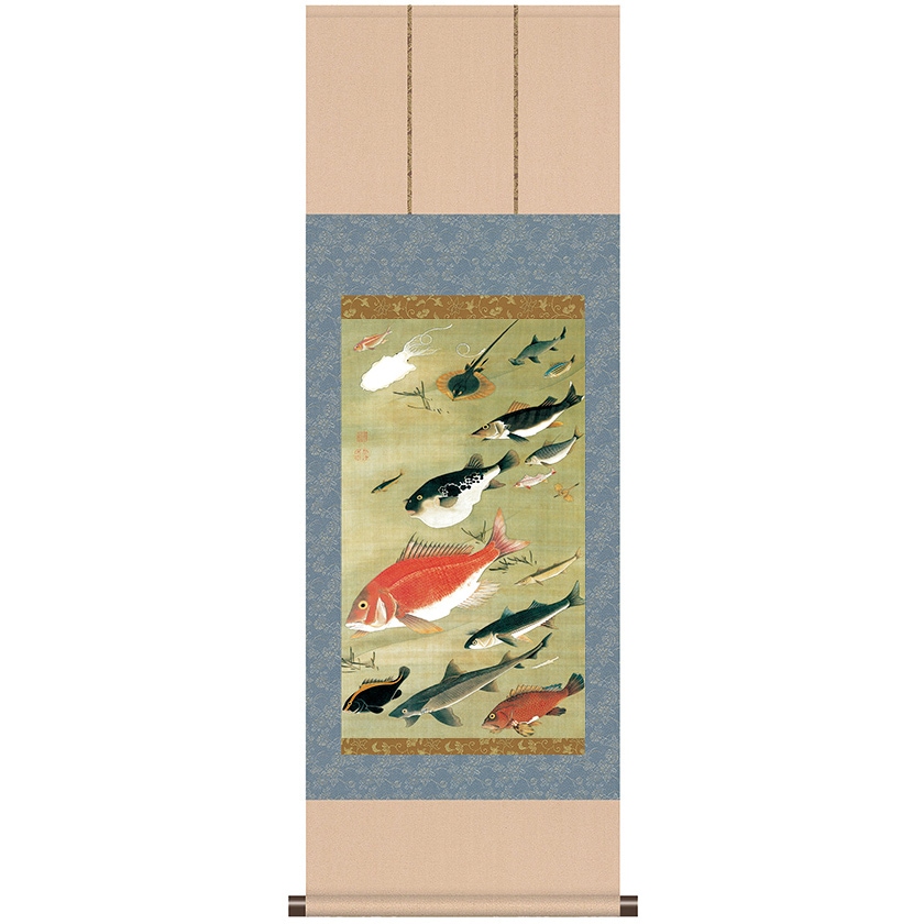 伊藤若冲 動植綵絵 群魚図（鯛） 掛軸 美術品 インテリア レプリカ
