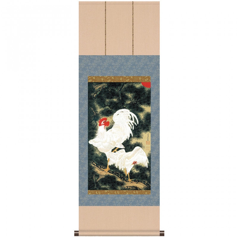 伊藤若冲 動植綵絵 老松白鶏図 掛軸 美術品 インテリア レプリカ