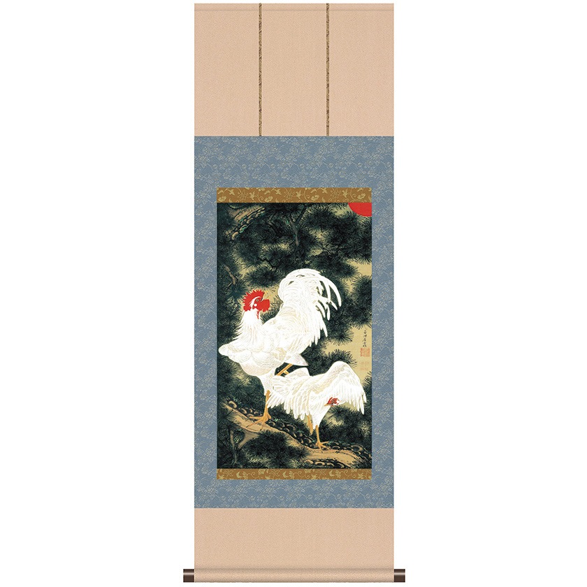 伊藤若冲 動植綵絵 老松白鶏図 掛軸 美術品 インテリア レプリカ