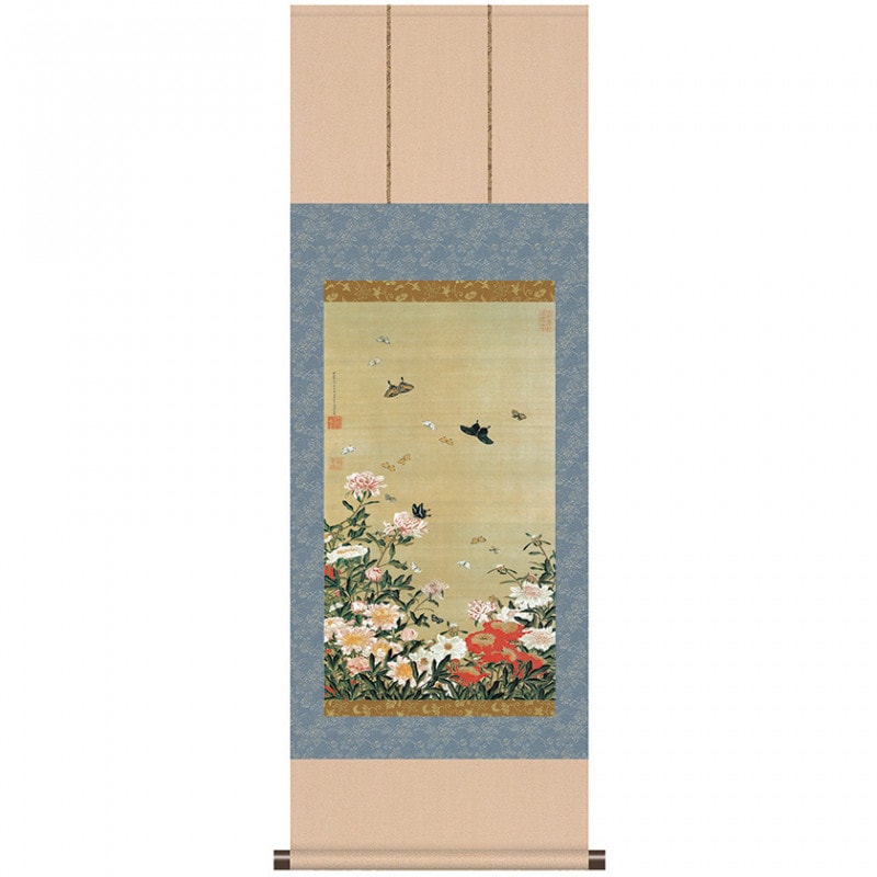 伊藤若冲 動植綵絵 芍薬群蝶図 掛軸 美術品 インテリア レプリカ