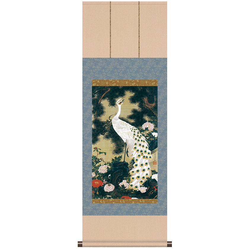 伊藤若冲 動植綵絵 老松孔雀図 掛軸 美術品 インテリア レプリカ