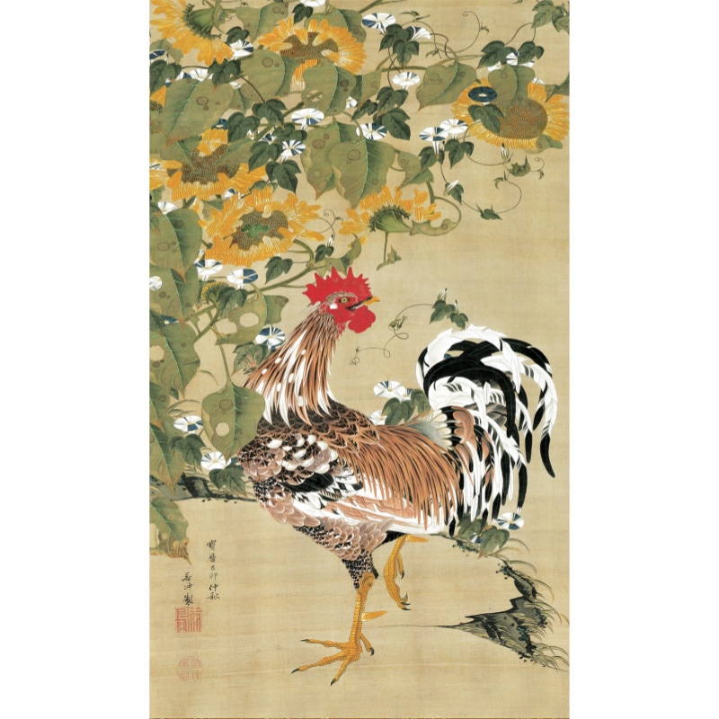 伊藤若冲 旭日雄鶏図 印刷工芸品 正月 日本画 掛け軸 掛軸 茶掛 日の出 朝日 旭日雄鶏図』伊藤若冲（複製）高級掛軸