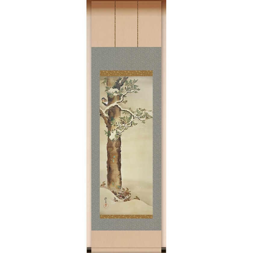 酒井抱一『十二か月花鳥図』十二月『檜に啄木鳥図』掛軸 : アートの友