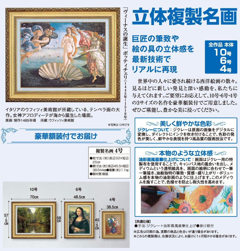 ボッティチェリ 「ヴィーナス誕生」 4号 立体複製名画 【5％ポイント