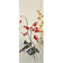 渡辺省亭『十二ケ月花鳥画』9月 杉にみみつく 掛軸【ポイント5
