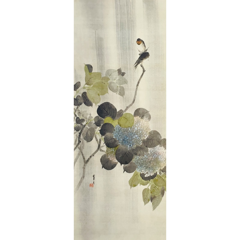 渡辺省亭『十二ケ月花鳥画』6月 紫陽花に燕 額 : アートの友社 渡辺省
