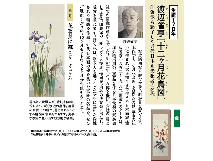 渡辺省亭『十二ケ月花鳥画』5月 花菖蒲に鯉 額【ポイント5％還元中