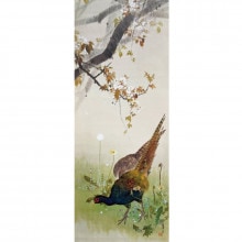 渡辺省亭『十二ケ月花鳥画』3月 桜下雉子 額【ポイント5％還元