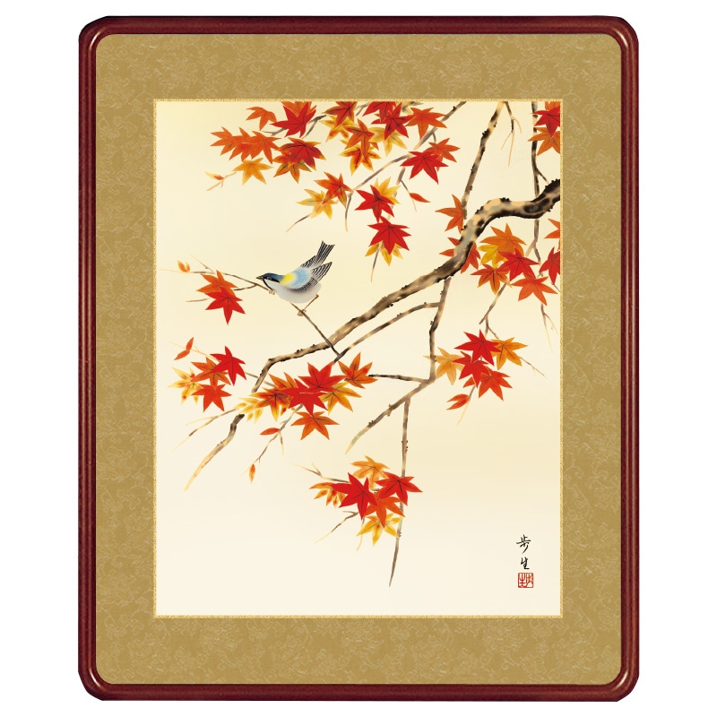 肉筆　今尾景祥　扇面　紅葉に小鳥　花鳥画　額装 肉筆 今尾景祥 扇面 紅葉に小鳥 花鳥画 額装