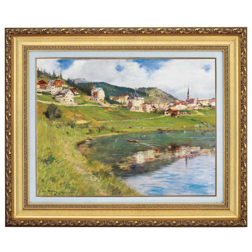 画家Silvio Di Volo イタリア　絵サイズ30x40額サイズ60x49 アルベルト・ロッシ「サン・モリッツの池の眺望」6号立体複製名画