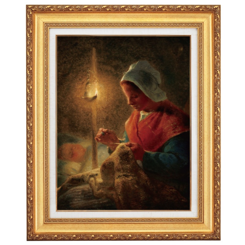 ミレー ランプの灯りで縫い物をする女10号 立体複製名画 絵画 額付き