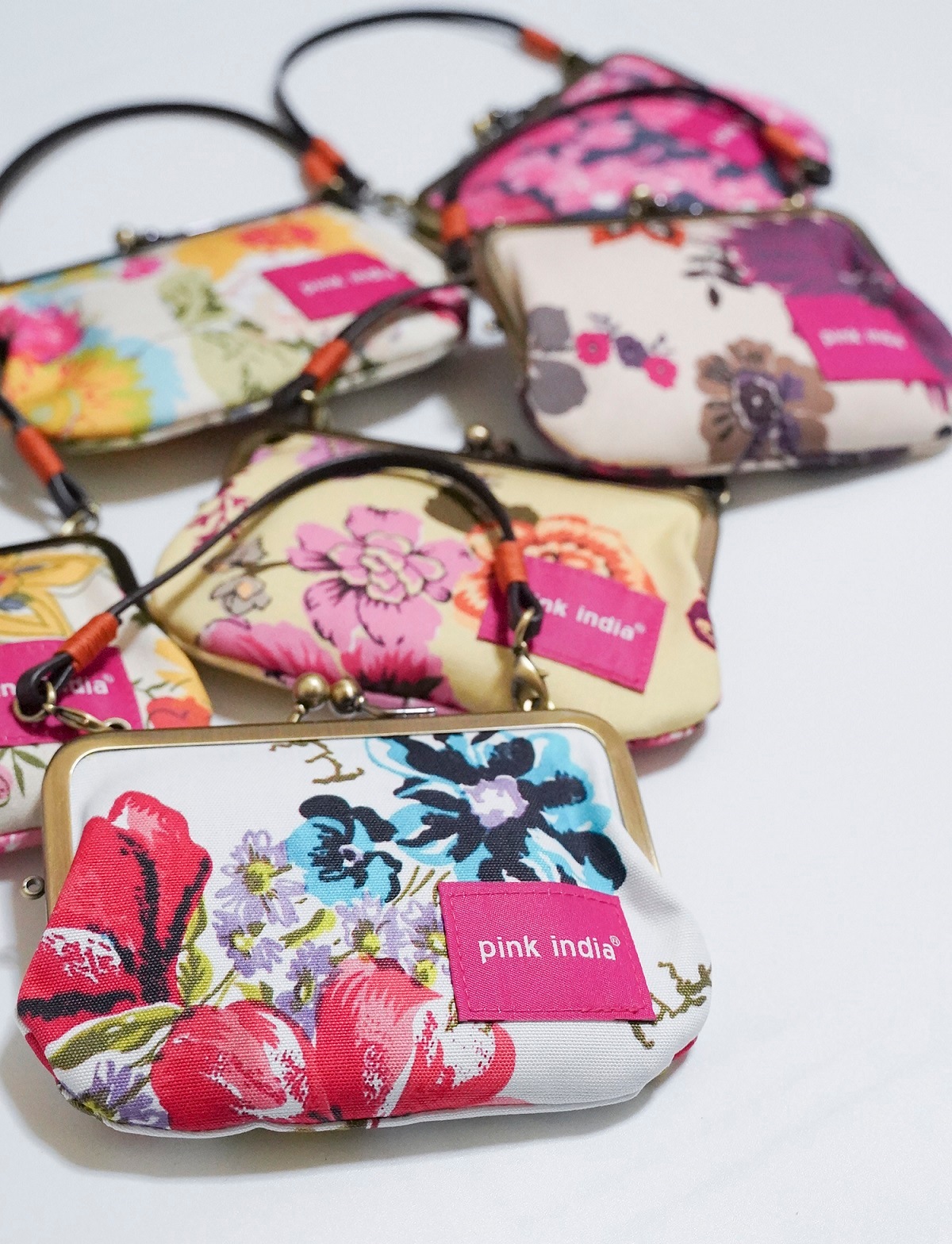 持ち手付手提げがま口財布／pink india