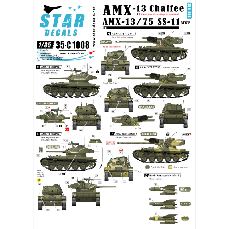 35-C1008 AMX-13 チャーフィー砲塔、SS-11搭載型 冷戦期&アルジェリア デカールセット|AFV用デカール|AFV