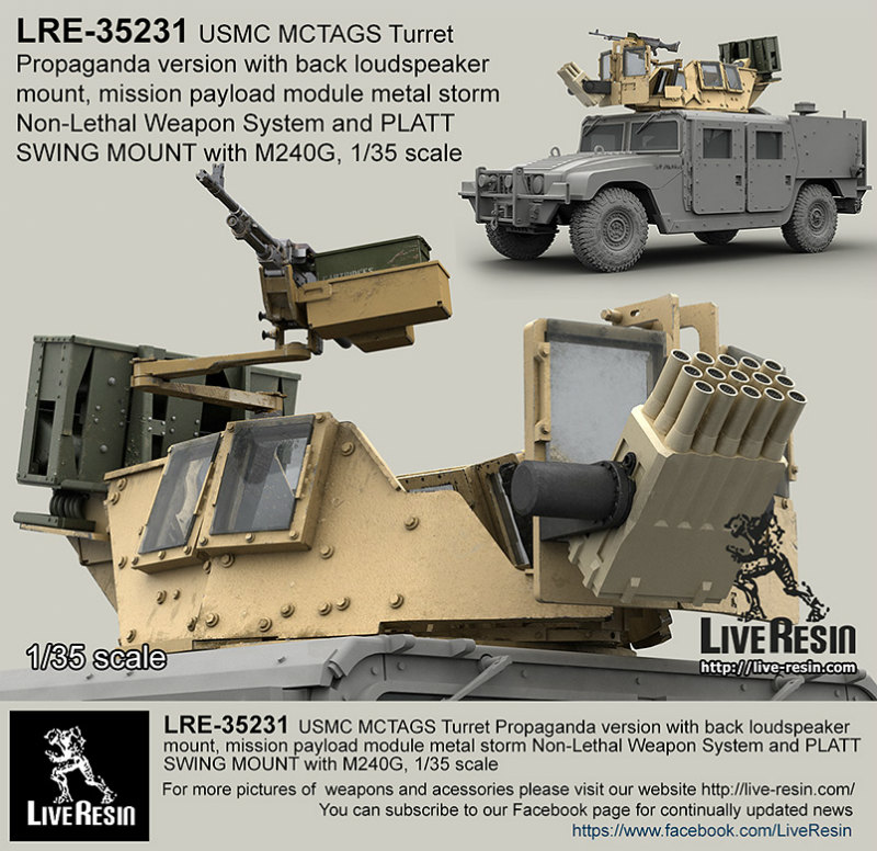 LRE-35231 MCTAGS - Marine Corps Transparent Armored Gun Shield USMC Turret Propaganda version with back loudspeaker mount, mission payload module metal storm Non-Lethal Weapon System and PLATT SWING MOUNT with M240G. M240G Machine Gun