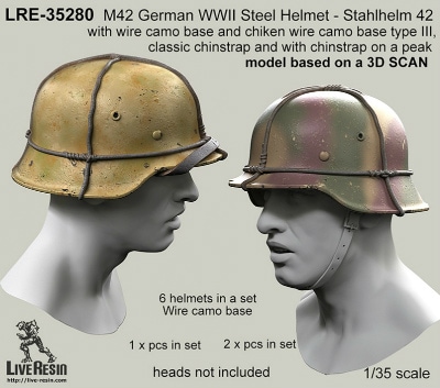 LRE-35280 M42 German WWII Steel Helmet - Stahlhelm 42 with wire camo base and chiken wire camo base type III, classic chinstrap and with chinstrap on a peak - real helmet replica